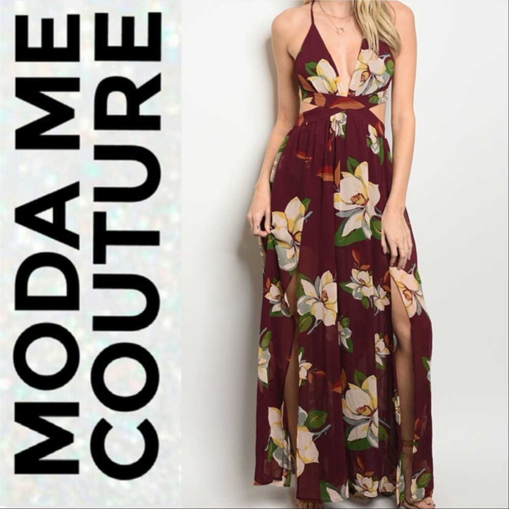 LAST 1 BURGUNDY FLORAL PRINT MAXI DRESS - Picture 2 of 4